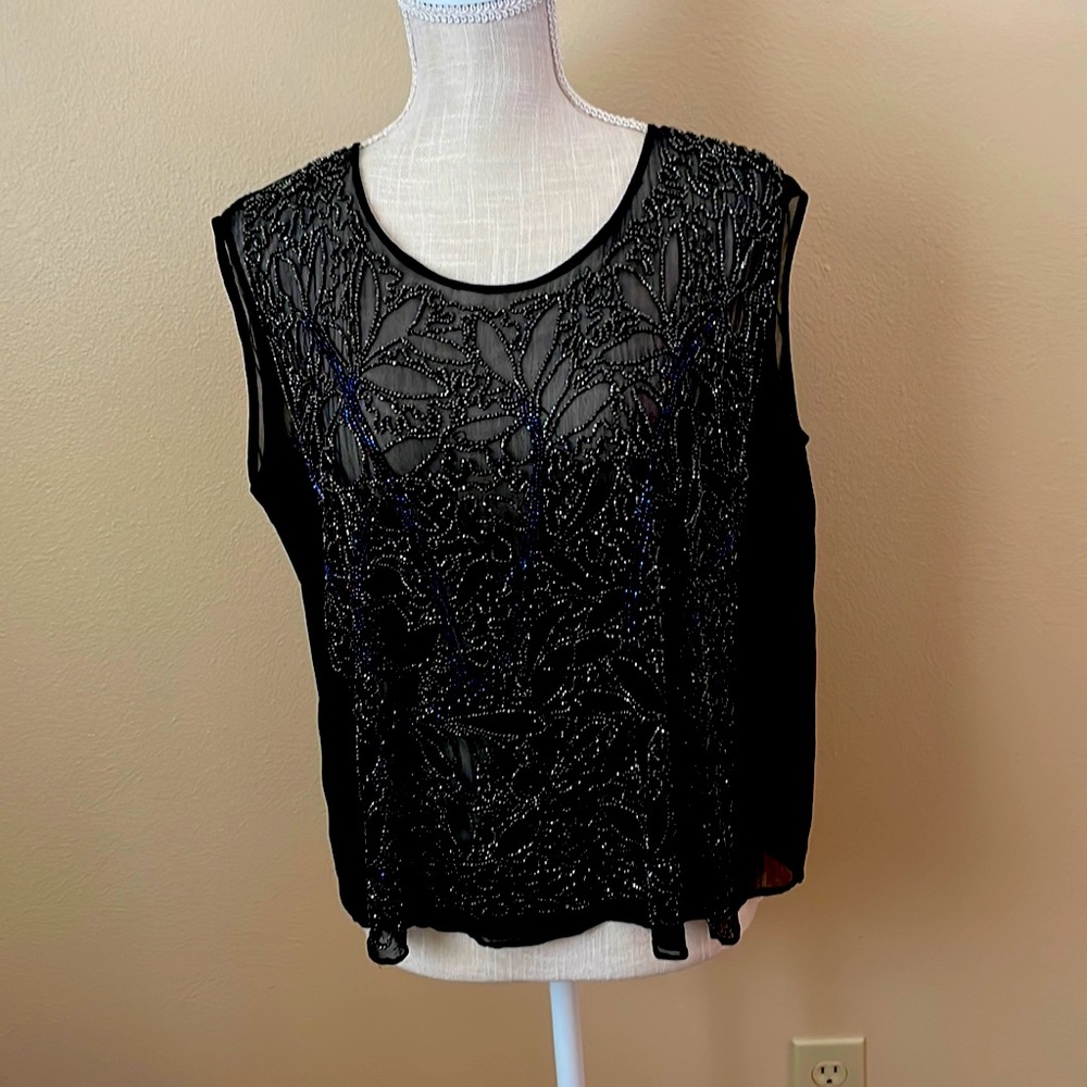 Vintage WOMENS Black Sheer Beaded Sleeveless Top